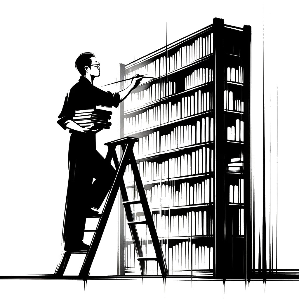 a realistic librarian on a library ladder stacking books depicting the theme of organization in black and white.