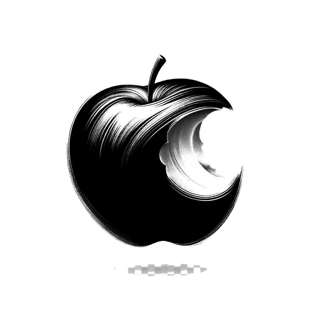 a rearlistic apple with a bit out of it depicting the theme of original sin in black and white.