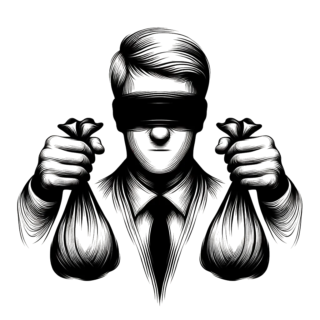 a blindfolded man with two equal sized bags in each hand held out in front of him depicting the theme of partiality in black and white.