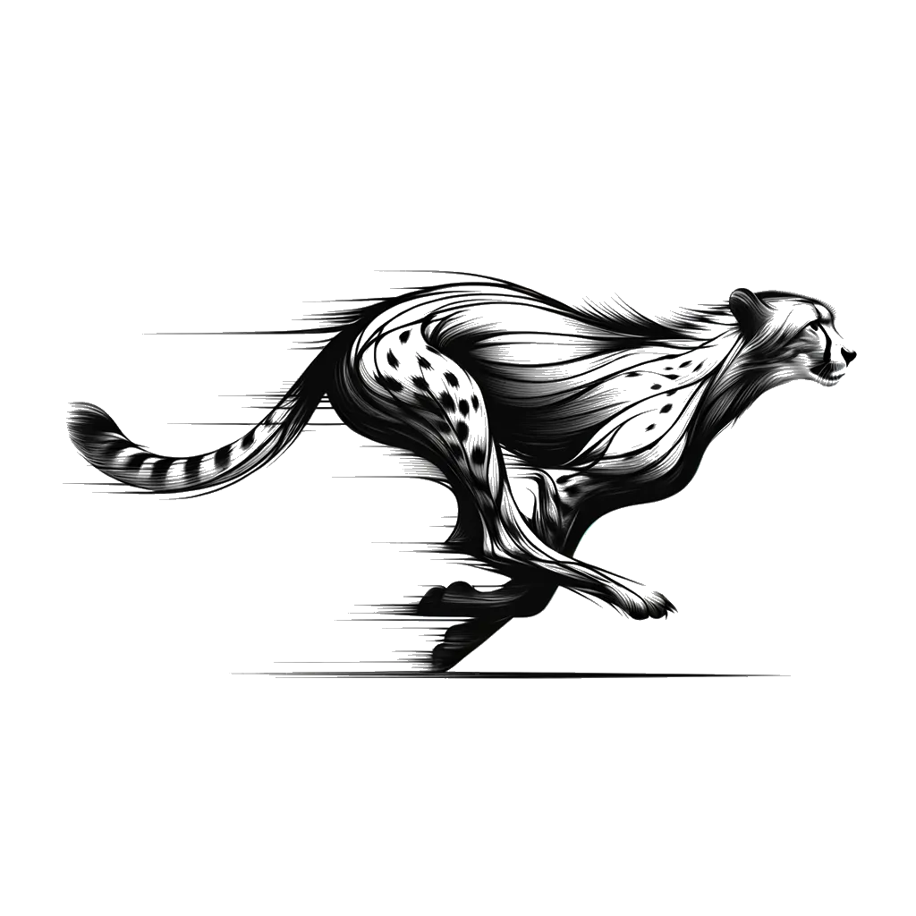 a realistic cheetah running  depicting the theme of performance in black and white.