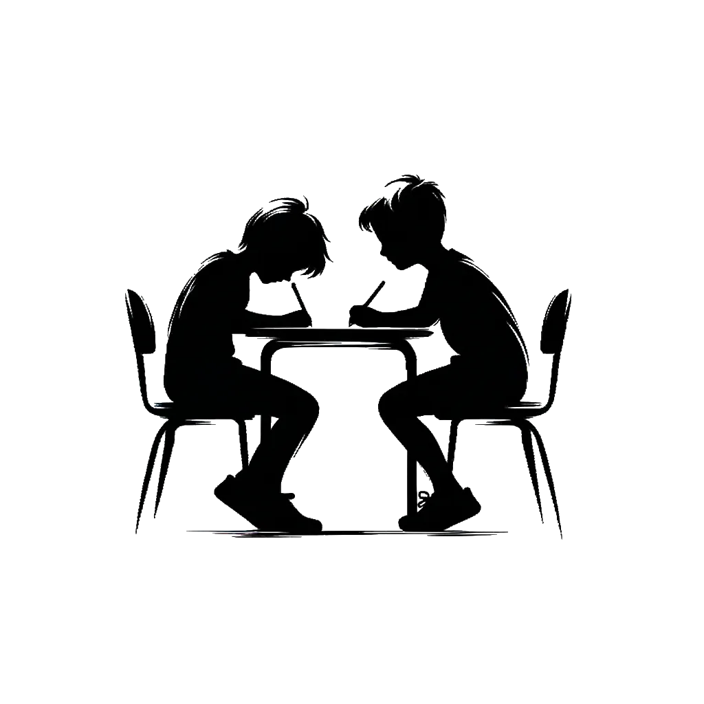 two boys taking an exam where one boy is peaking at what the other is writing depicting the theme of plagiarism in black and white.
