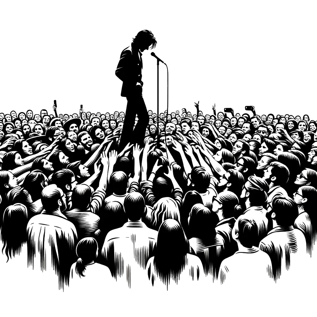 a crowd of people wanting an autograph from a pop star depicting the theme of popularity in black and white.