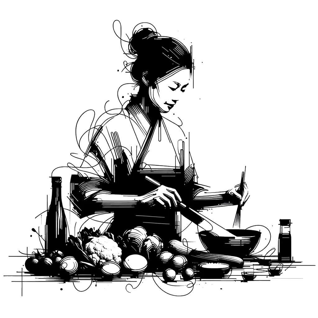 a realistic chef with all the ingridients laid out in front of him depicting the theme of preparation in black and white.