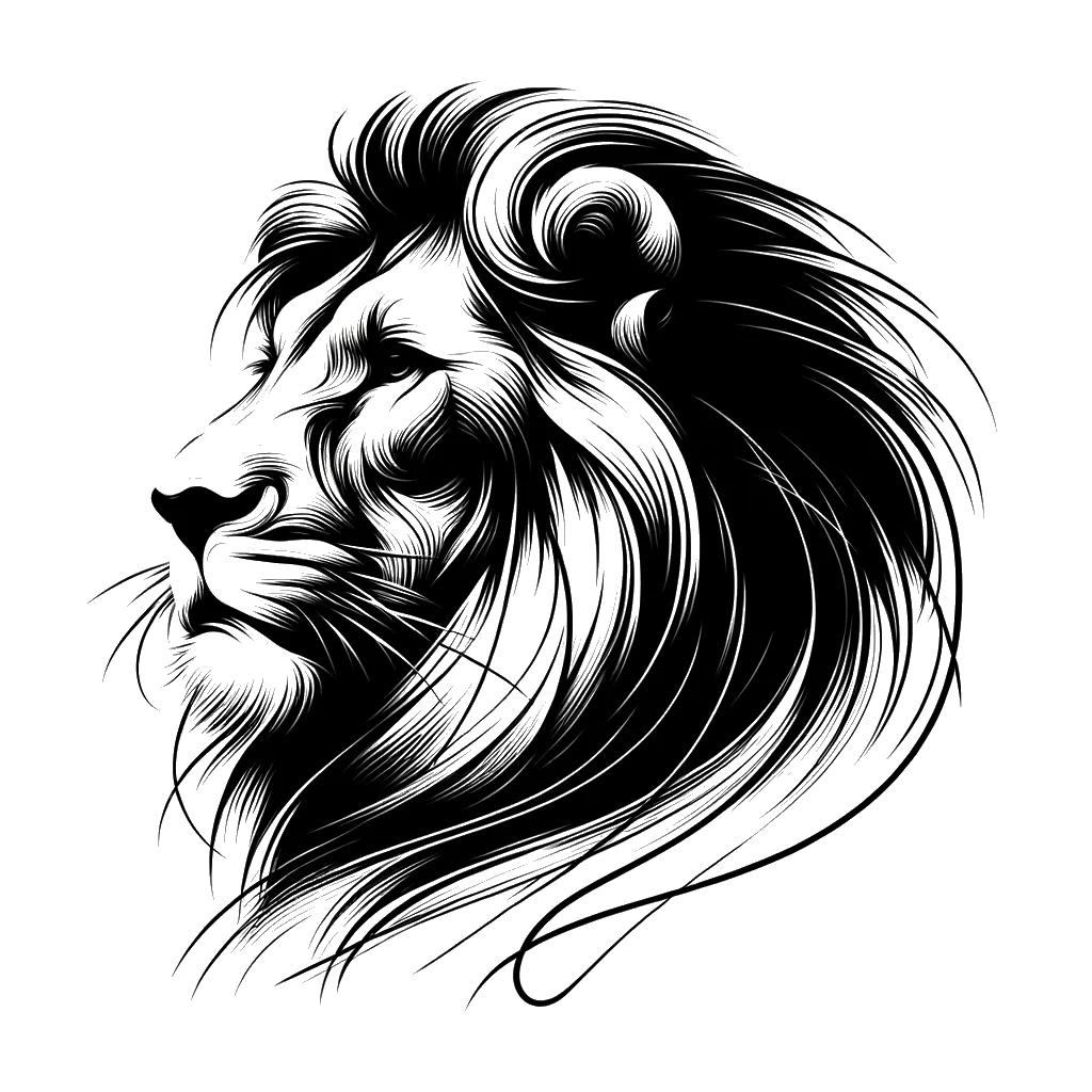 a realistic  male lion depicting the theme of pride in black and white.