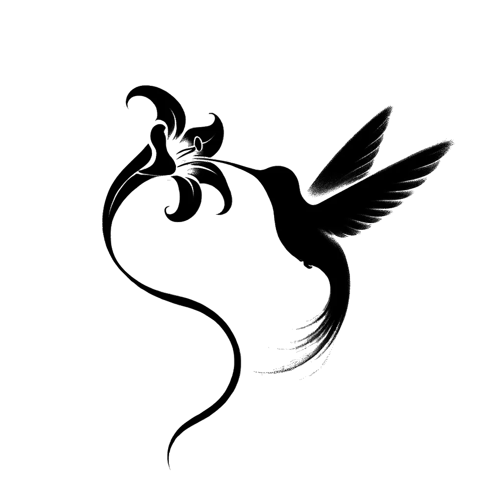 a humming bird collecting nectar from a trumpet flower depicting the theme of procreation in black and white.