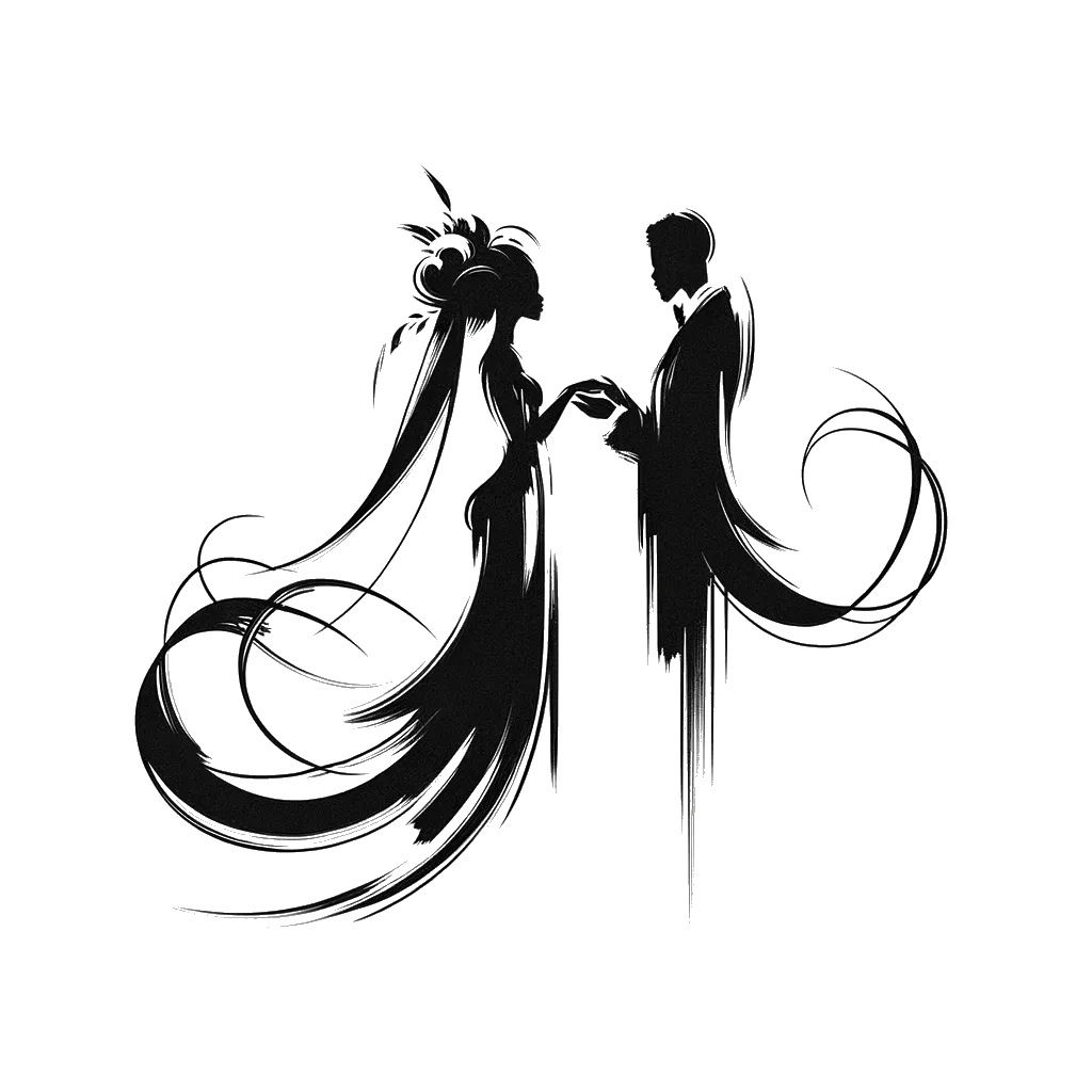 a realistic bride and groom facing eachoher saying their wedding vows depicting the theme of promises in black and white.