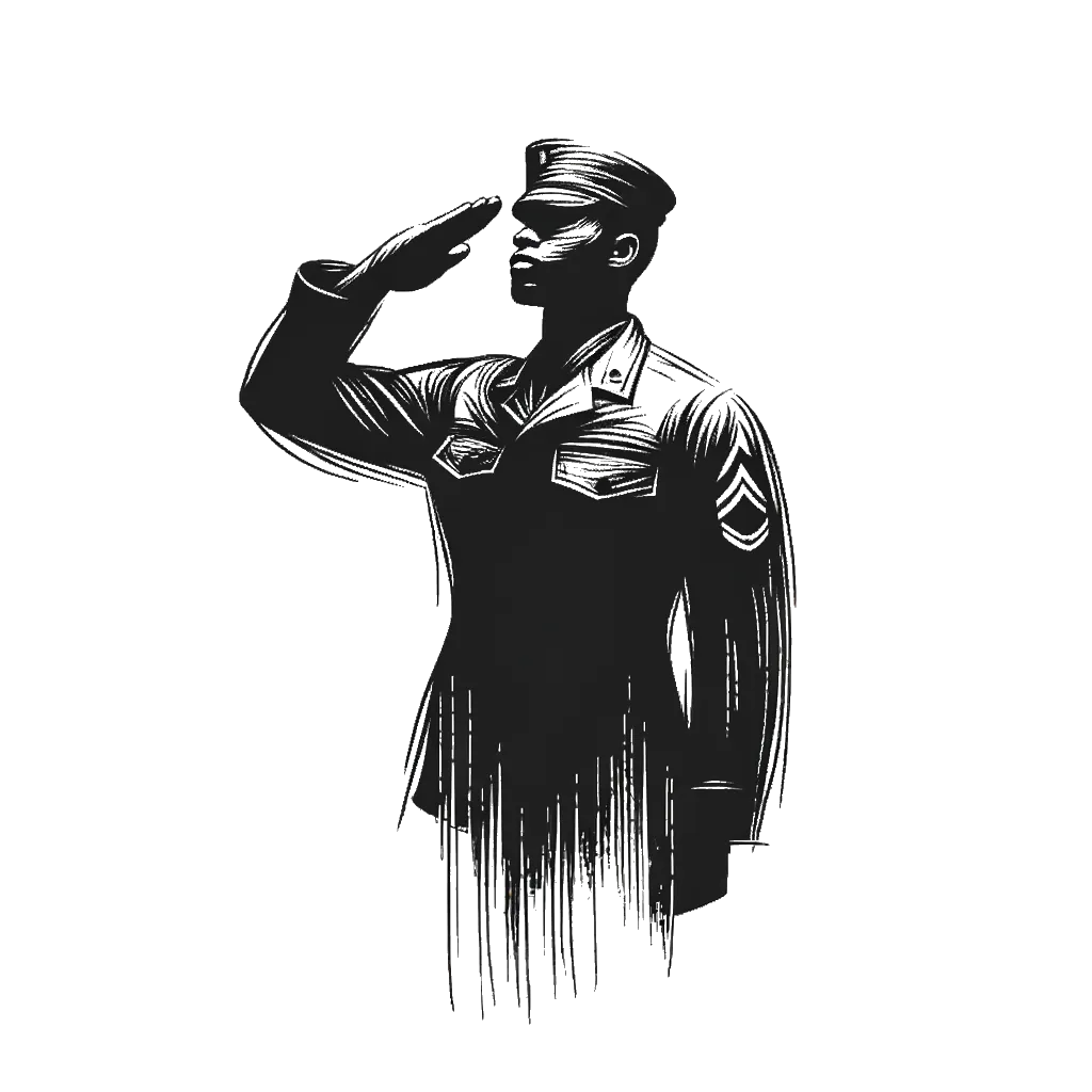 an realistic american soldier soluting depicting the theme of promotion in black and white.
