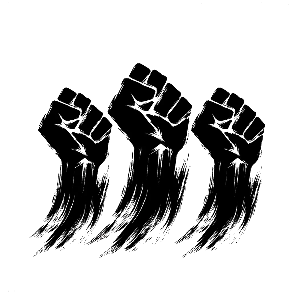 three raised fists depicting the theme of rebellion in black and white.