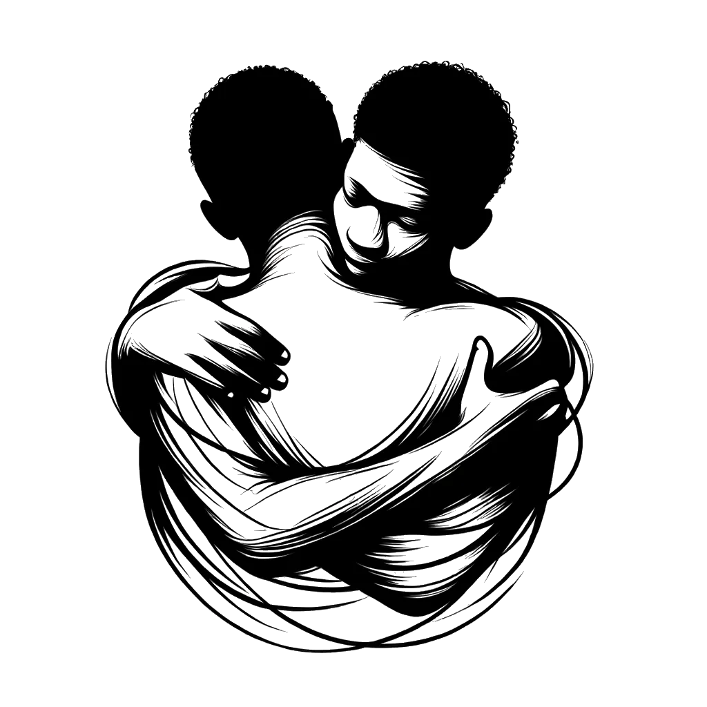 two brothers hugging depicting the theme of reconciliation in black and white.