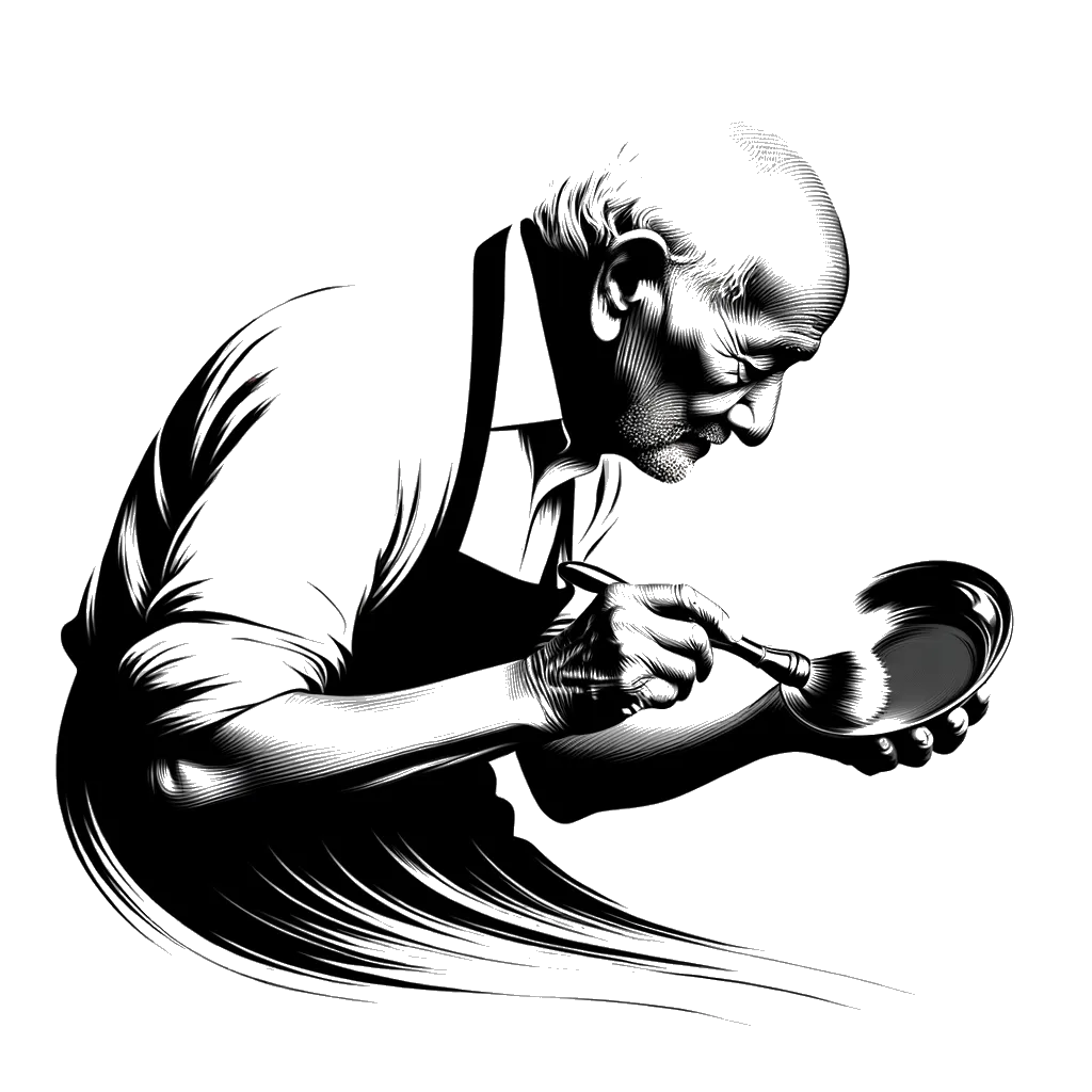 an a old man polishing silverware depicting the theme of restoration in black and white.