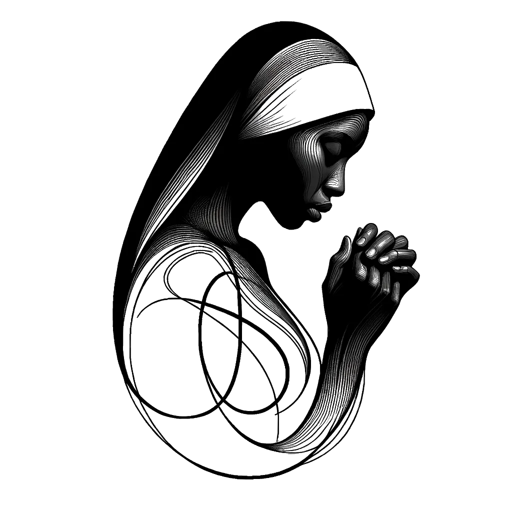 a nun praying depicting the theme of righteousness in black and white.