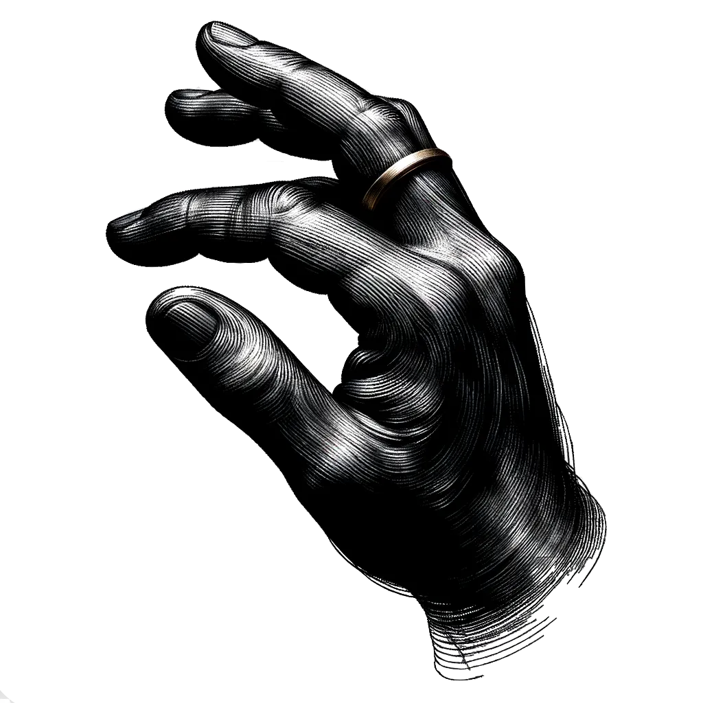 a old mans hand wearing a wedding ring in black and white.