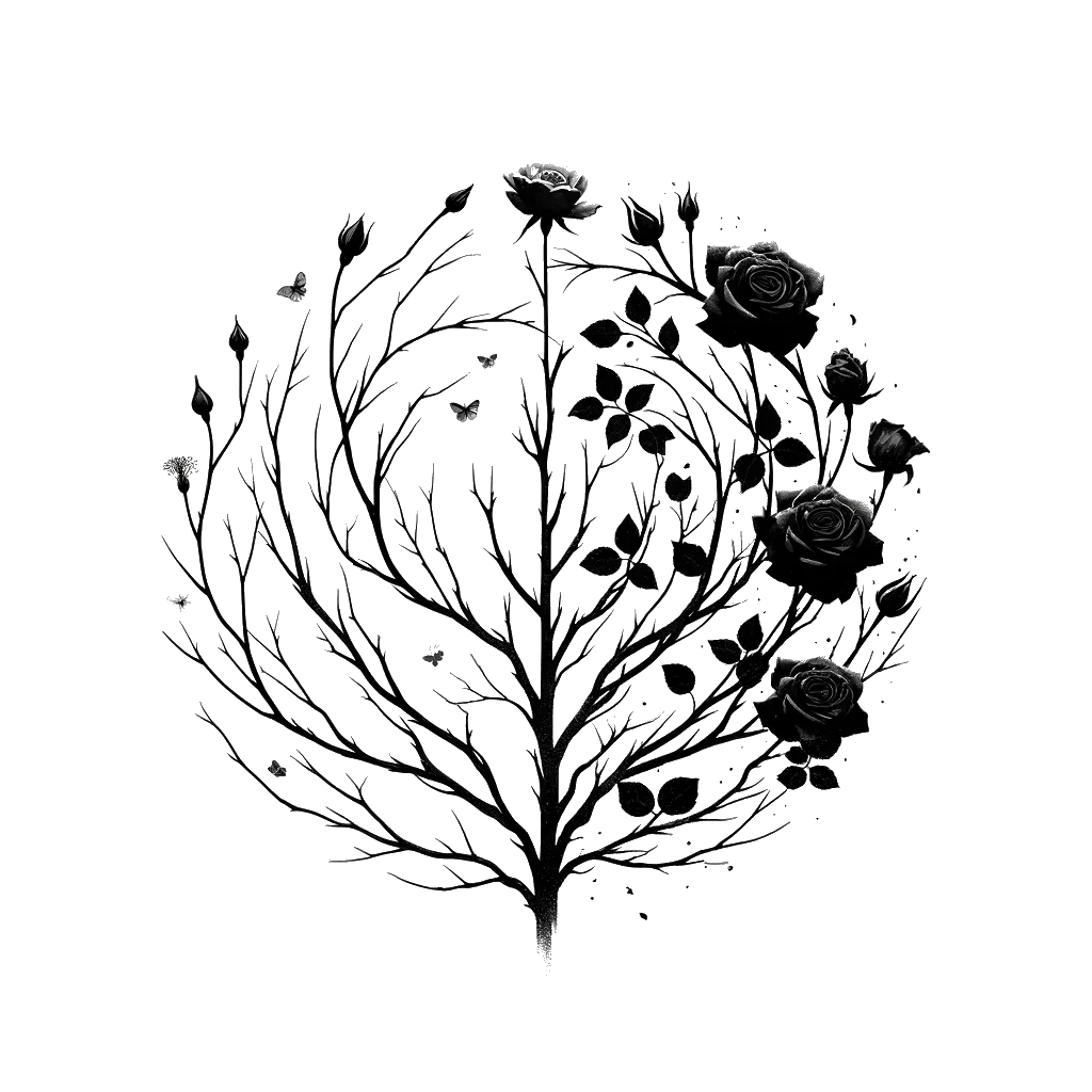 a rose bush transitioning through all four seasons depicting the theme of seasons  in black and white.