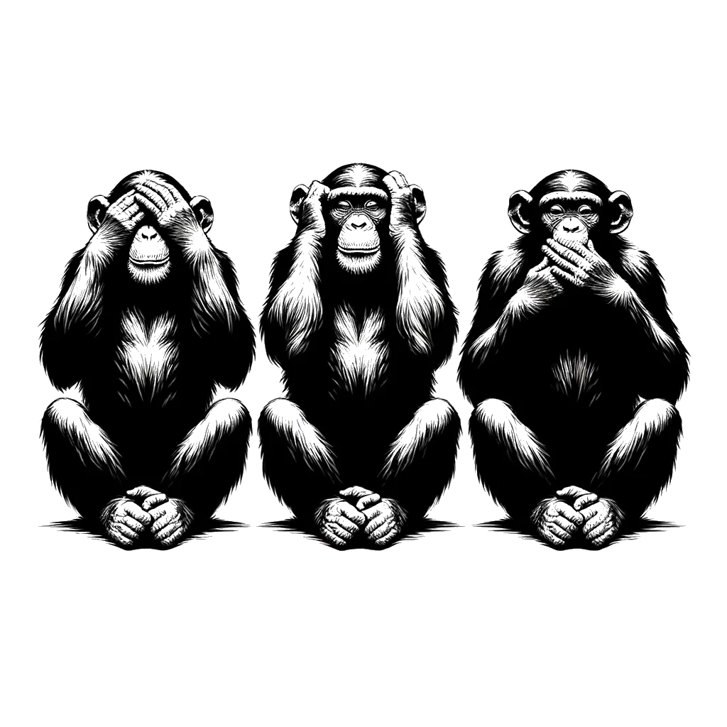 three chimps sat in a row once covering eyes , one covering ears and the other covering mouth depicting the theme of secrets in black and white.