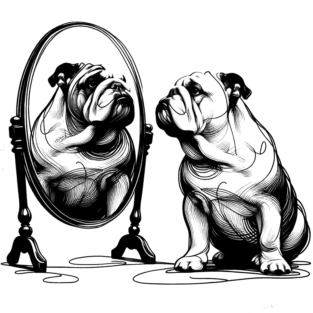 a bulldog looking in a mirror depicting the theme of self acceptance in black and white.