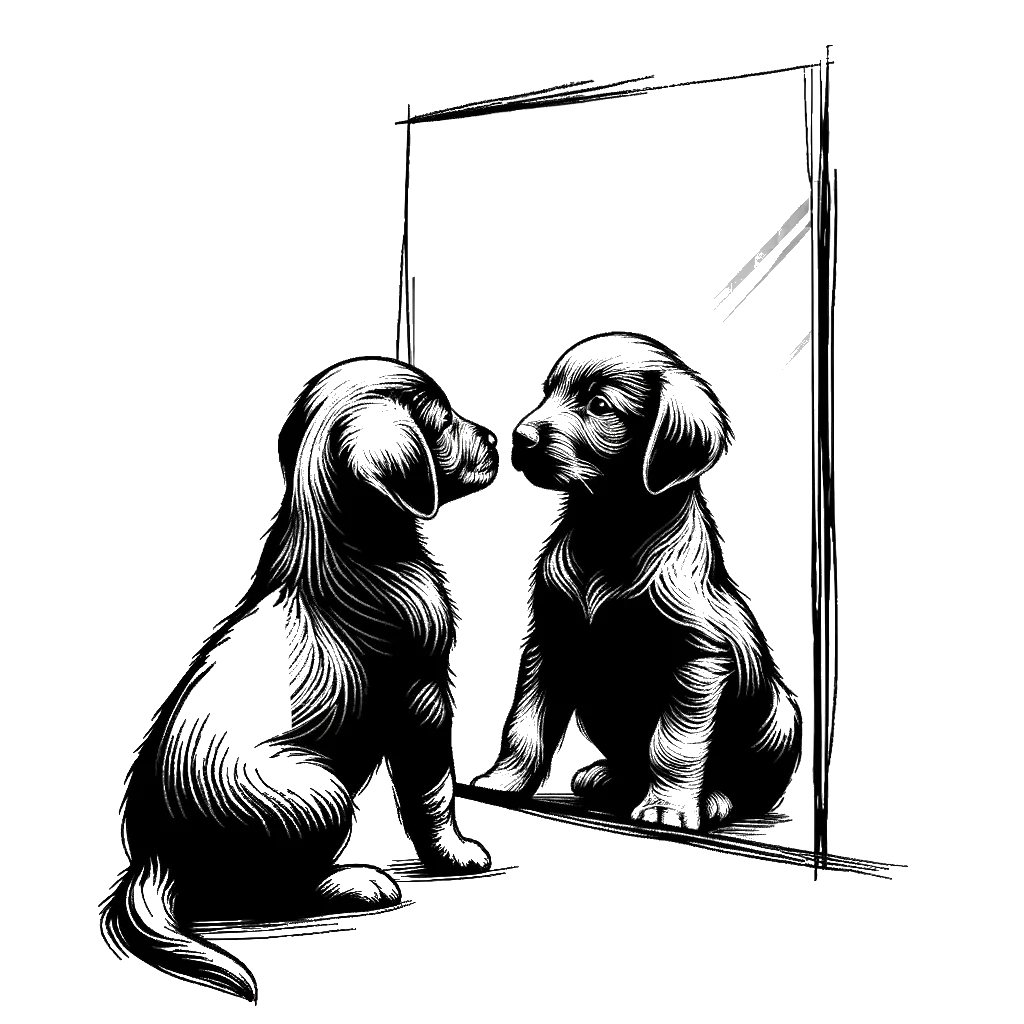 a puppy looking at itself in the mirror depicting the theme of self awareness in black and white.