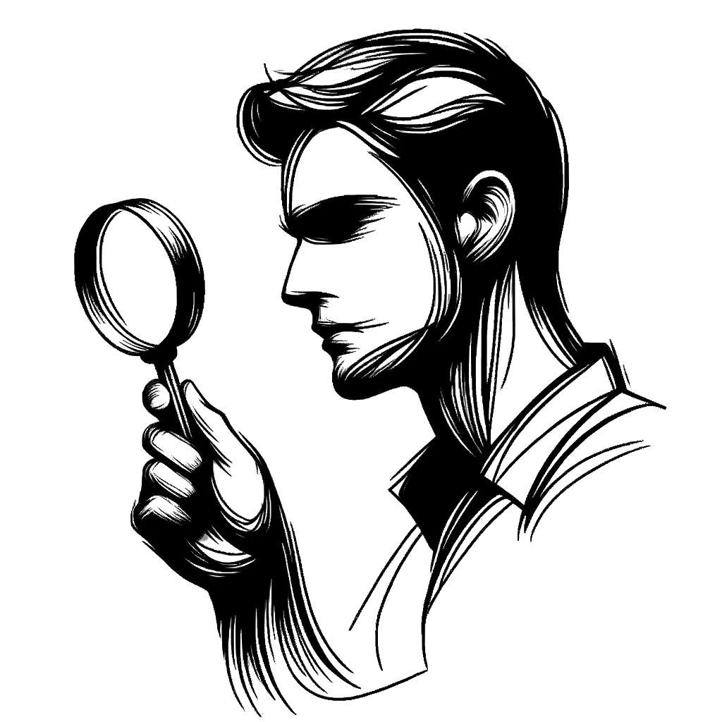 a man using a a magnifying glass depicting the theme of self examination in black and white.