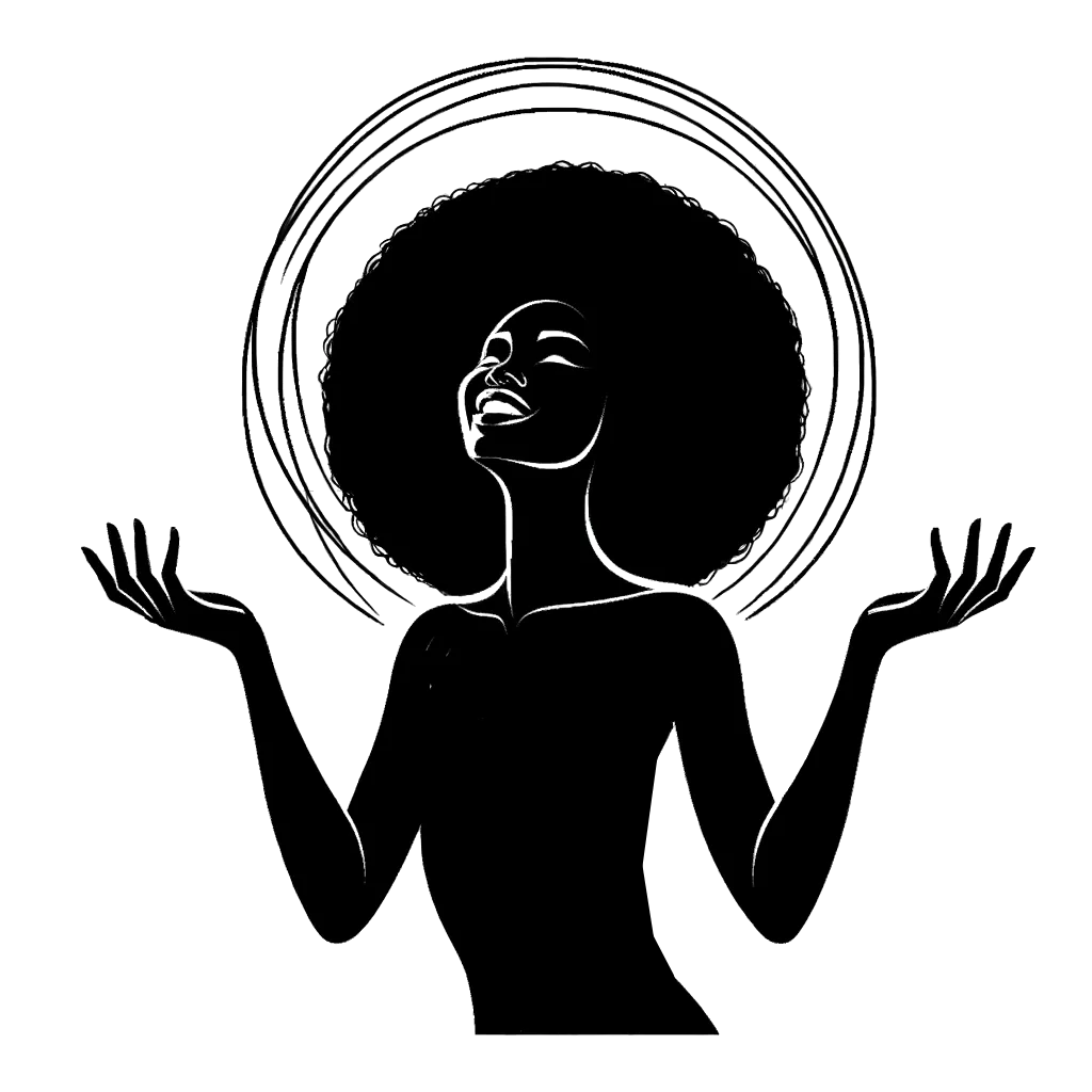 a balck woman with both hands open looking up with a smile depicting the theme of signs in black and white.