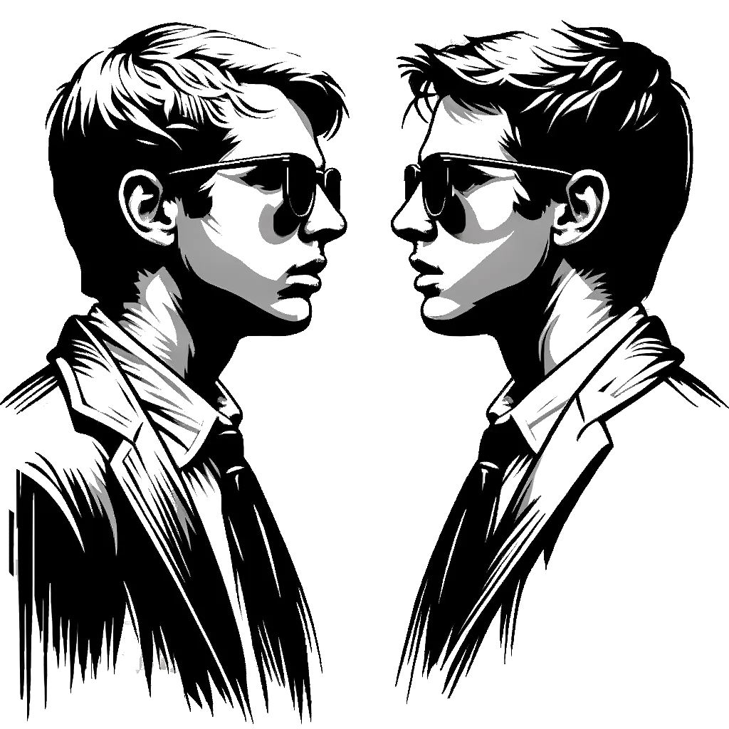 two young men wearing sunglasses looking at each other looking confused depicting the theme of strangers in black and white.