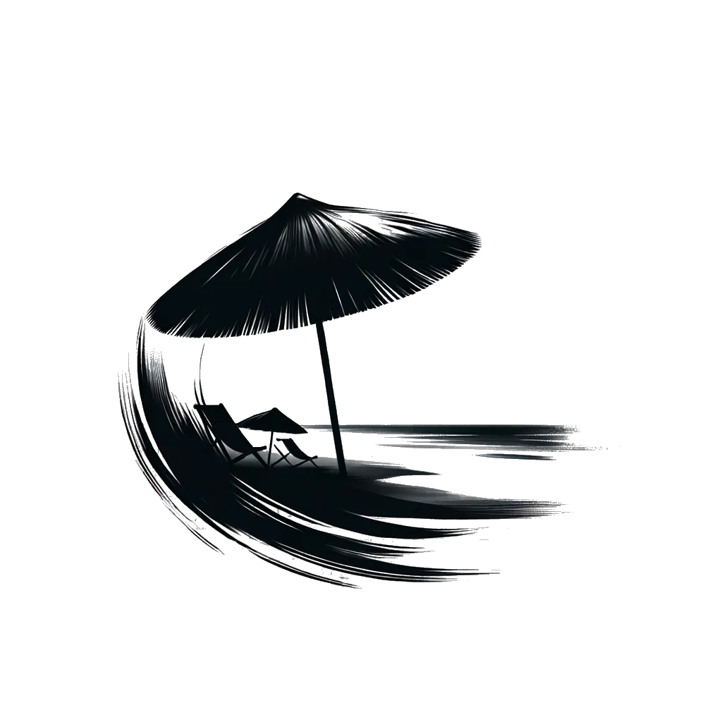 a parasol on a beach depicting the theme of summer in black and white.