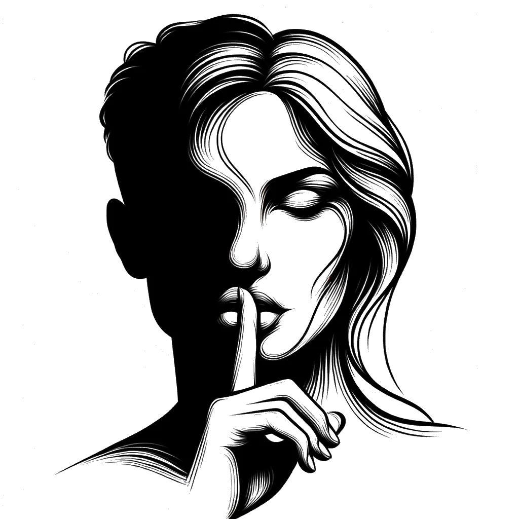 a woman holding her finer to amans lips depicting the theme of swearing in black and white.