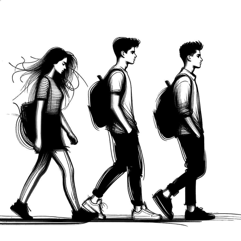 three teenagers walking to college depicting the theme of teenagers in black and white.