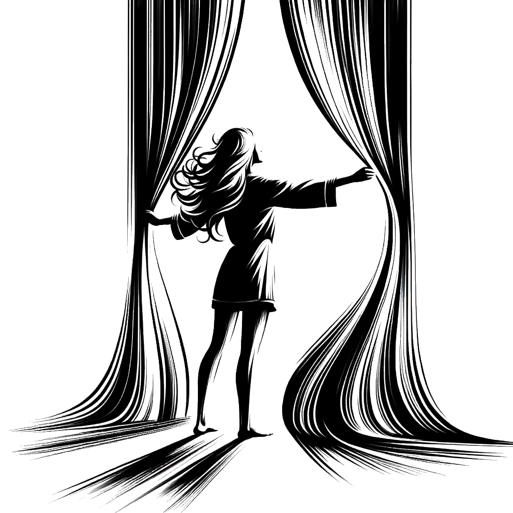 a woman opening the curtains in her pajamas depicting the theme of today in black and white.