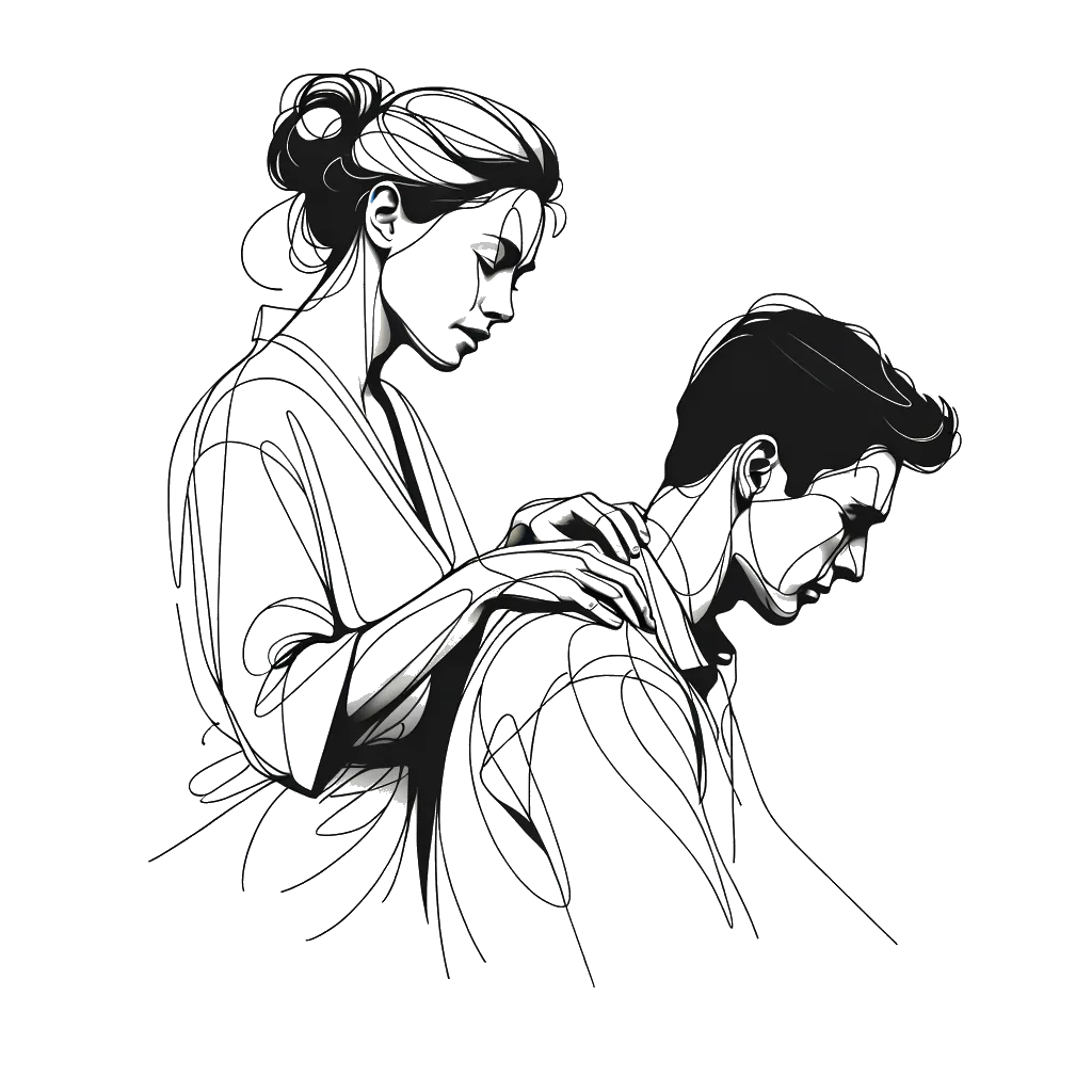 a woman giving a man a shoulder massage depicting the theme of touch in black and white.