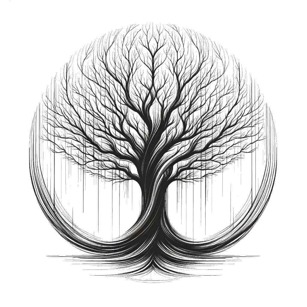 a view looking up through the branches of an ancient tree depicting the theme of tree in black and white.