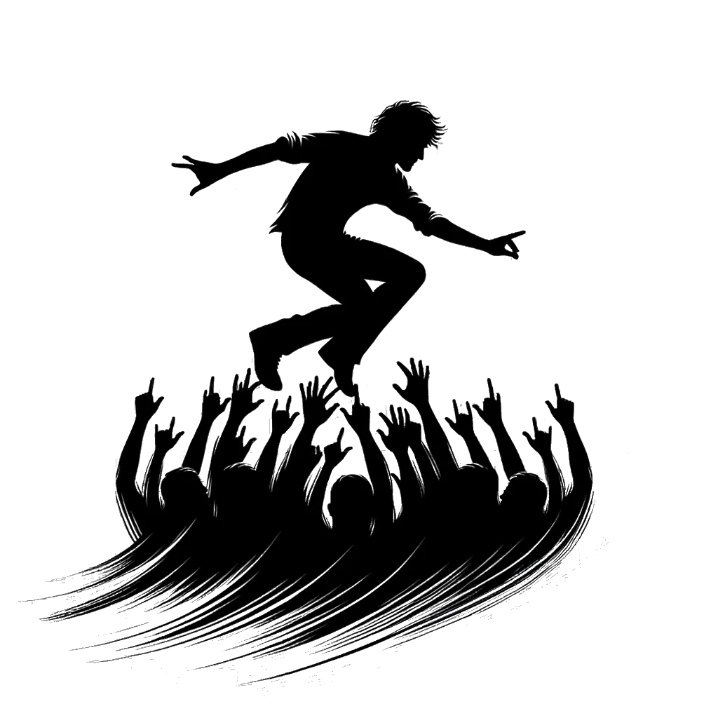 a male rock star crowd surfing depicting the theme of trust in black and white.