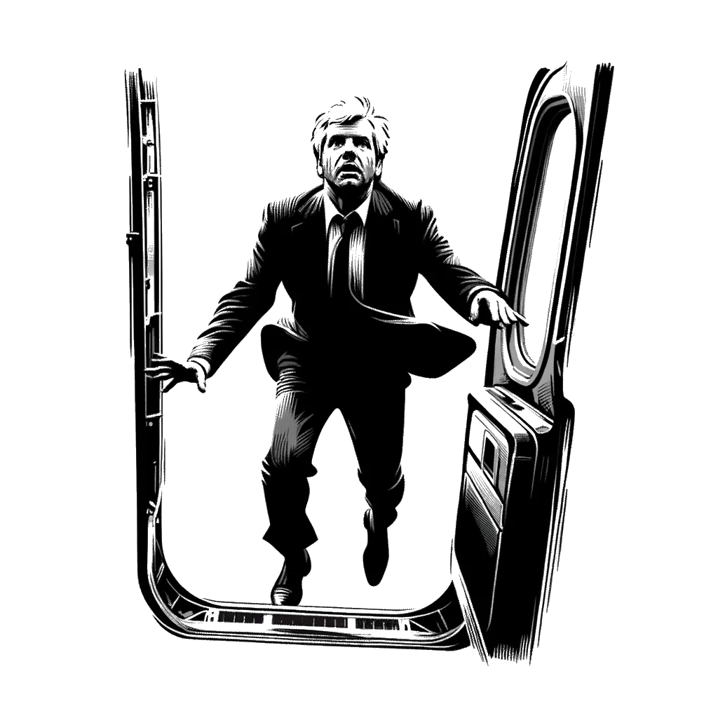 a man about to jump out of a plane looking scared depicting the theme of turning back in black and white.