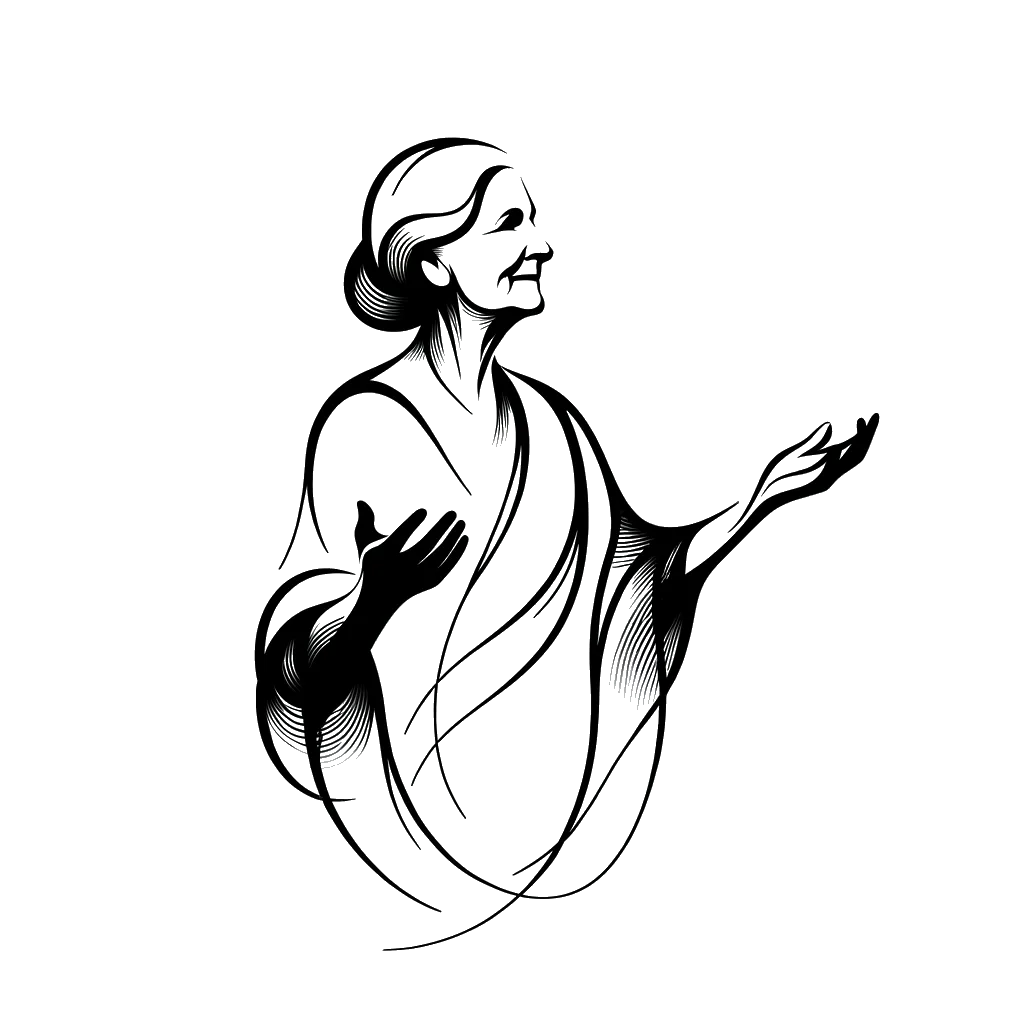 a older woman with open arms depicting the theme of welcoming in black and white.