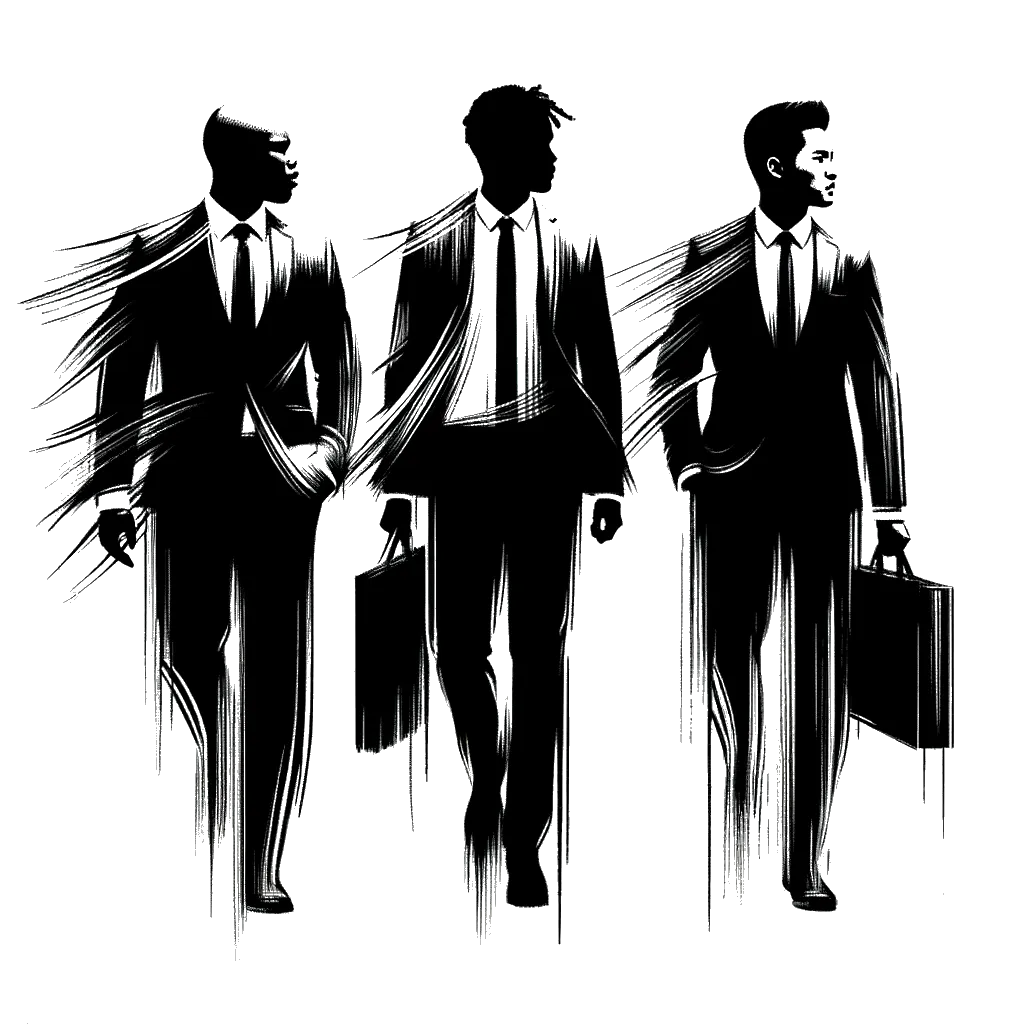 three and people wearing suits going to work depicting the theme of work in black and white.