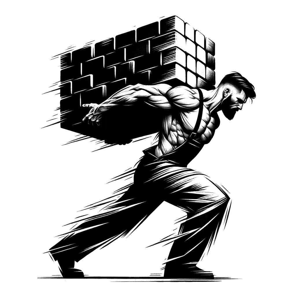 a muscled brick layer carrying a big load of bricks depicting the theme of working hard in black and white.